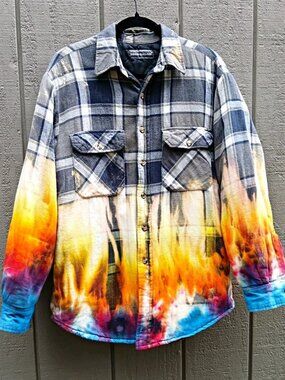 Tie Dye Flames Flannel Plaid Long Sleeve Shirt M Jacket Quilted Lined Rainbow